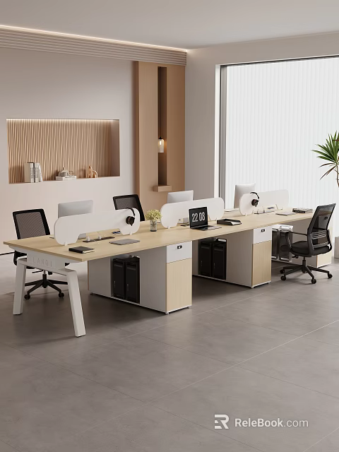 Modern Office Desk With Workstation Dividers Computer Monitors Potted Plant And Black Chairs 3d model 