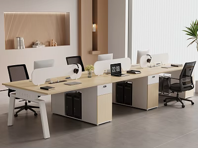 Modern Office Desk With Workstation Dividers Computer Monitors Potted Plant And Black Chairs 3d model