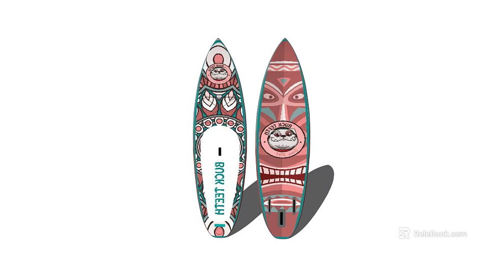 Colorful Artistic Surfboards With Tribal Mask Patterns And Rockleshu Branding 3d model 