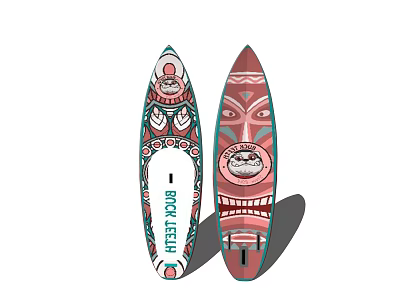 Colorful Artistic Surfboards With Tribal Mask Patterns And Rockleshu Branding 3d model