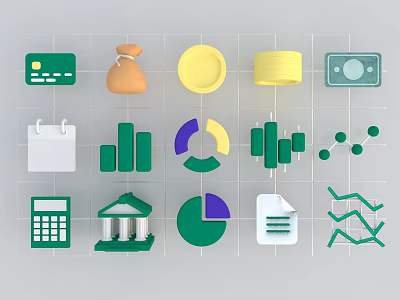 Financial Icons Set with Credit Card Piggy Bank Charts and Business Tools 3d model