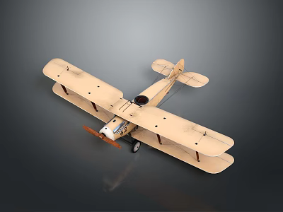 Light Wooden Biplane Passenger Airplane With Propeller Fuselage Windows And Reflection On Gray Background 3d model