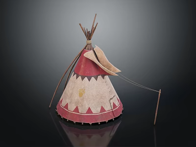 Traditional Tepee Tent With Red And Beige Canvas Decorative Pattern And Wooden Poles 3d model