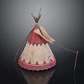 Traditional Tepee Tent With Red And Beige Canvas Decorative Pattern And Wooden Poles