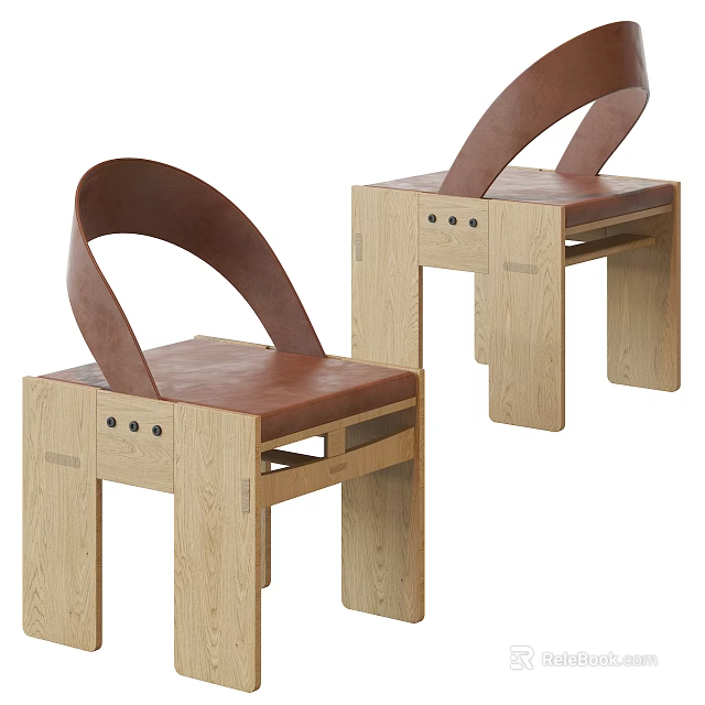 Modern Leisure Chairs With Wooden Frame Brown Leather Curved Backrest And Metal Rivets 3d model 
