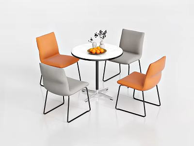 Modern Round White Table With Orange And Gray Chairs Black Legs Dining Set 3d model