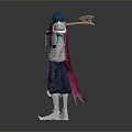 Man In Silver Armor With Blue Hair Holding Scythe And Purple Cloak