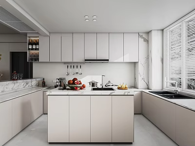 Modern Kitchen Interior With White Cabinets Island And Marble Countertops 3d model