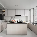 Modern Kitchen Interior With White Cabinets Island And Marble Countertops