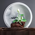 Natural Wood Console Table With White Lotus Plant And Round Decorative Painting
