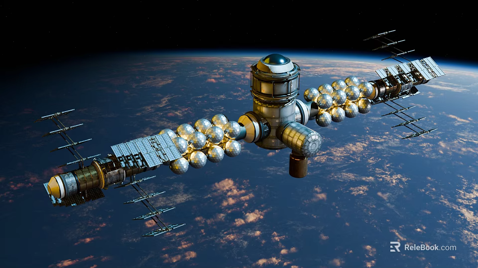 Orbiting Space Station Structure With Solar Panels And Earth Background 3d model 