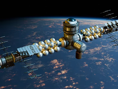 Orbiting Space Station Structure With Solar Panels And Earth Background 3d model