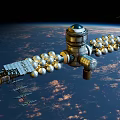 Orbiting Space Station Structure With Solar Panels And Earth Background