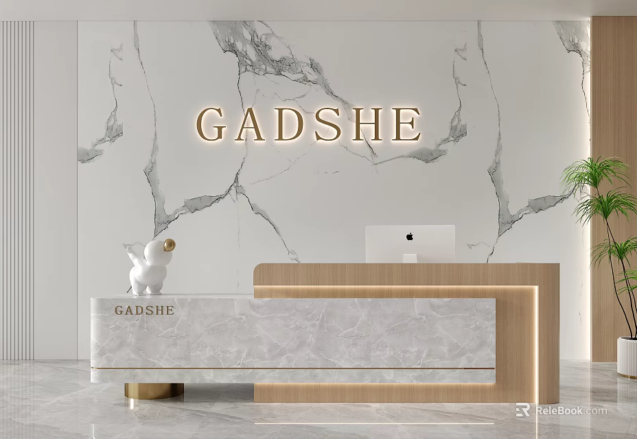 Elegant Reception Desk With Marble Texture Wall Golden GADSHE Logo Marble Countertop And Wooden Frame 3d model 