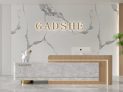 Elegant Reception Desk With Marble Texture Wall Golden GADSHE Logo Marble Countertop And Wooden Frame 3d model