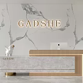 Elegant Reception Desk With Marble Texture Wall Golden GADSHE Logo Marble Countertop And Wooden Frame