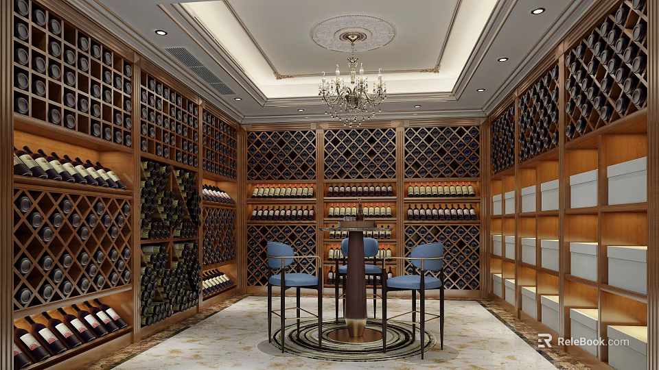 Luxurious Wine Cellar With Wooden Racks Wine Bottles Circular Bar And Blue Chairs 3d model 