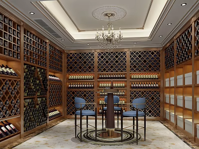 Luxurious Wine Cellar With Wooden Racks Wine Bottles Circular Bar And Blue Chairs 3d model