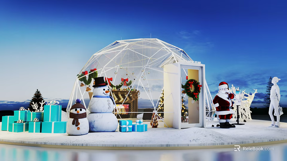 Festive Christmas Scene With Glass Dome Snowman Gift Boxes And Santa Claus Figure 3d model 
