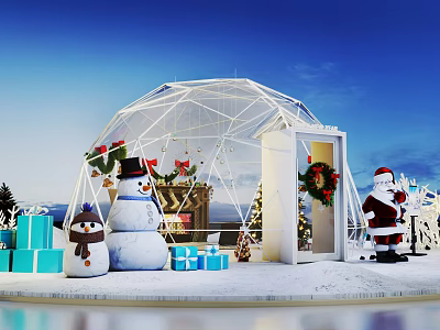 Festive Christmas Scene With Glass Dome Snowman Gift Boxes And Santa Claus Figure 3d model