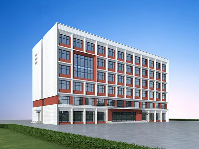 Modern Multistory School Building With White Red Exterior Large Windows And Lawn Under Blue Sky 3d model