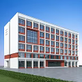 Modern Multistory School Building With White Red Exterior Large Windows And Lawn Under Blue Sky