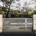 Modern Metal Gate For Residential Area With Greenery And Trees