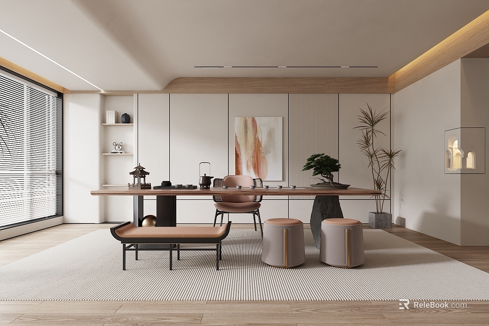 Modern Minimalist Tea Room Interior With Wooden Long Table Chairs Stools And Green Plants 3d model 