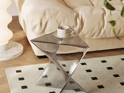 Modern Transparent Glass Side Table With Geometric Base By Sofa And Rug 3d model