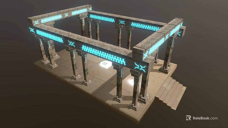 Ancient Style Structural Frame With Stone Columns Glowing Blue Strips Geometric Patterns And Steps 3d model 