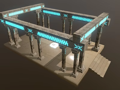 Ancient Style Structural Frame With Stone Columns Glowing Blue Strips Geometric Patterns And Steps 3d model
