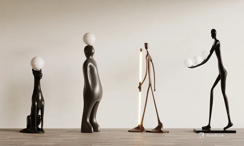 Abstract Metal Sculptures With Balancing Balls And Standing Figures In Modern Interior 3d model 