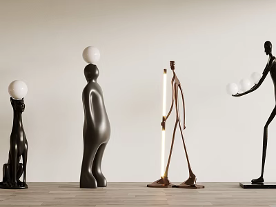 Abstract Metal Sculptures With Balancing Balls And Standing Figures In Modern Interior 3d model