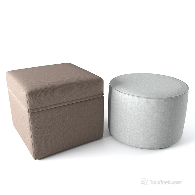 Square Brown and Round Gray Upholstered Sofa Stools for Home Decor 3d model 