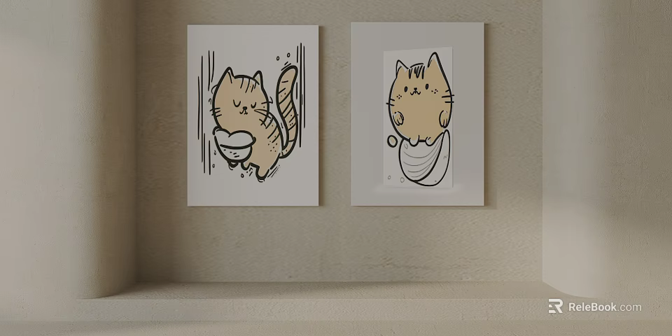 Cute Cat Illustrations in Frames Hanging on Beige Wall Decor 3d model