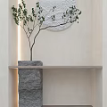Minimalist Console Table With Stone Base Green Plant And Circular Wall Decor 3d model