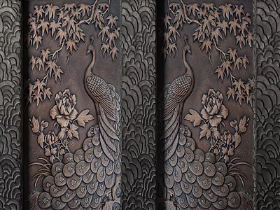 Traditional Chinese Style Background Wall With Peacock Peony Maple Leaves And Intricate Carved Design 3d model