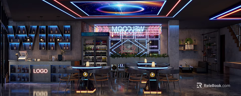 Modern Bar Interior Design With Neon Moonshine Sign Cocktails Coffee And Starry Ceiling 3d model 