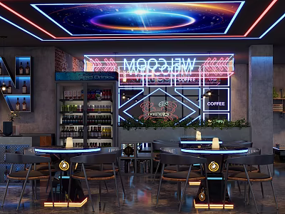 Modern Bar Interior Design With Neon Moonshine Sign Cocktails Coffee And Starry Ceiling 3d model