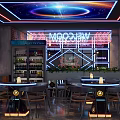 Modern Bar Interior Design With Neon Moonshine Sign Cocktails Coffee And Starry Ceiling