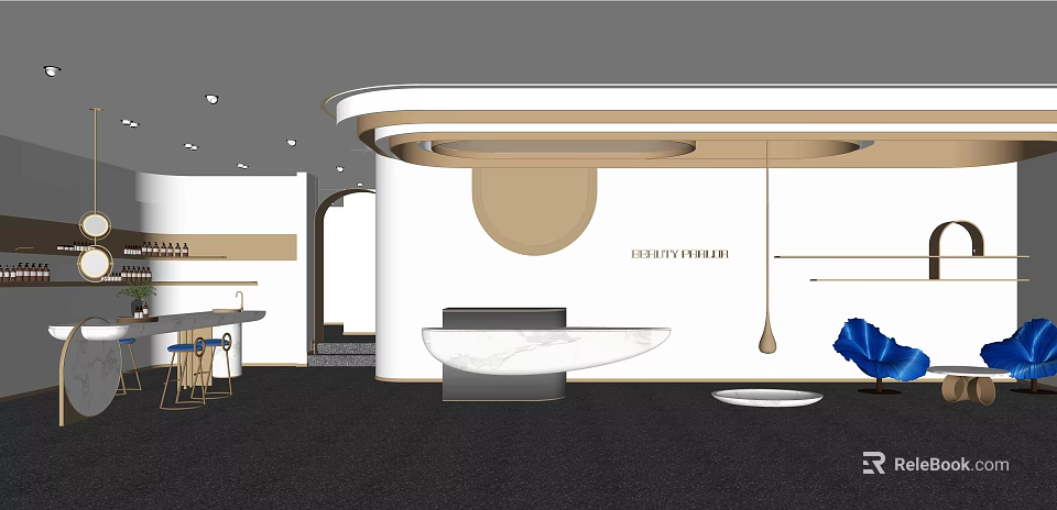 Modern Beauty Hair Salon Interior Design With Elegant Reception And Marble Counter Lighting 3d model 