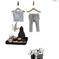 Gray Baby Clothes Hanging T-shirt And Ruffled Pants With Decorative Shelf And Stuffed Toy Basket