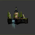 Enchanting Cartoon Scene With Castle Spires Pine Trees Waterfall And Green Grass
