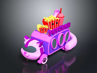 Cartoon Pink And Purple Cat Shaped Popcorn Truck With Popcorn Buckets And Drink Cups 3d model