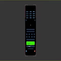 Black Remote Control With Blue Buttons Green Display Screen And Input Label