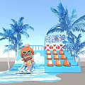 Summer Themed Photo Check In Spot With Blue Palm Trees Cartoon Figure And Traffic Cones