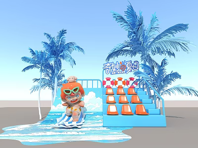 Summer Themed Photo Check In Spot With Blue Palm Trees Cartoon Figure And Traffic Cones 3d model