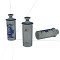 Decorative Ceramic Vessels With Blue Floral Patterns Three Standing And Lying 3d model