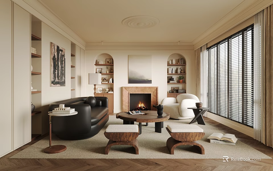 Cozy Modern Living Room With Black Leather Sofa White Armchair Fireplace Bookshelves Area Rug 3d model 