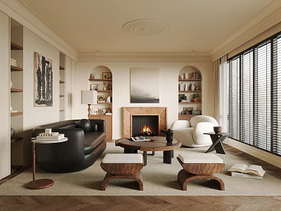 Cozy Modern Living Room With Black Leather Sofa White Armchair Fireplace Bookshelves Area Rug 3d model